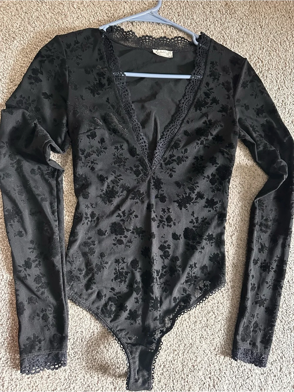 Free People Babes in bandeaus bodysuit, Black flocked velvet floral print